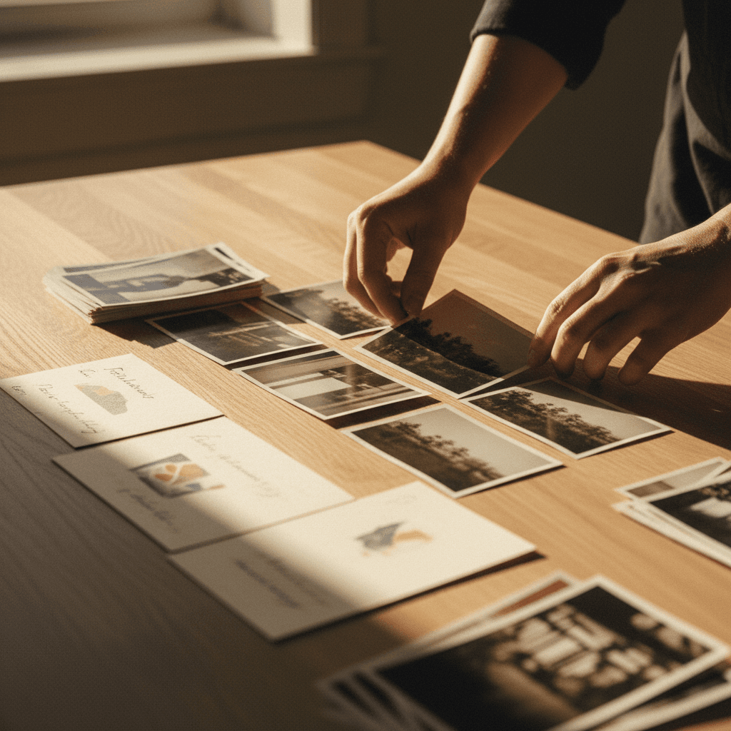 Hands arranging printed photographs and notes on a table
