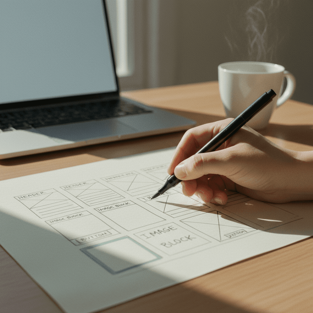 Hand sketching wireframes on paper at a desk