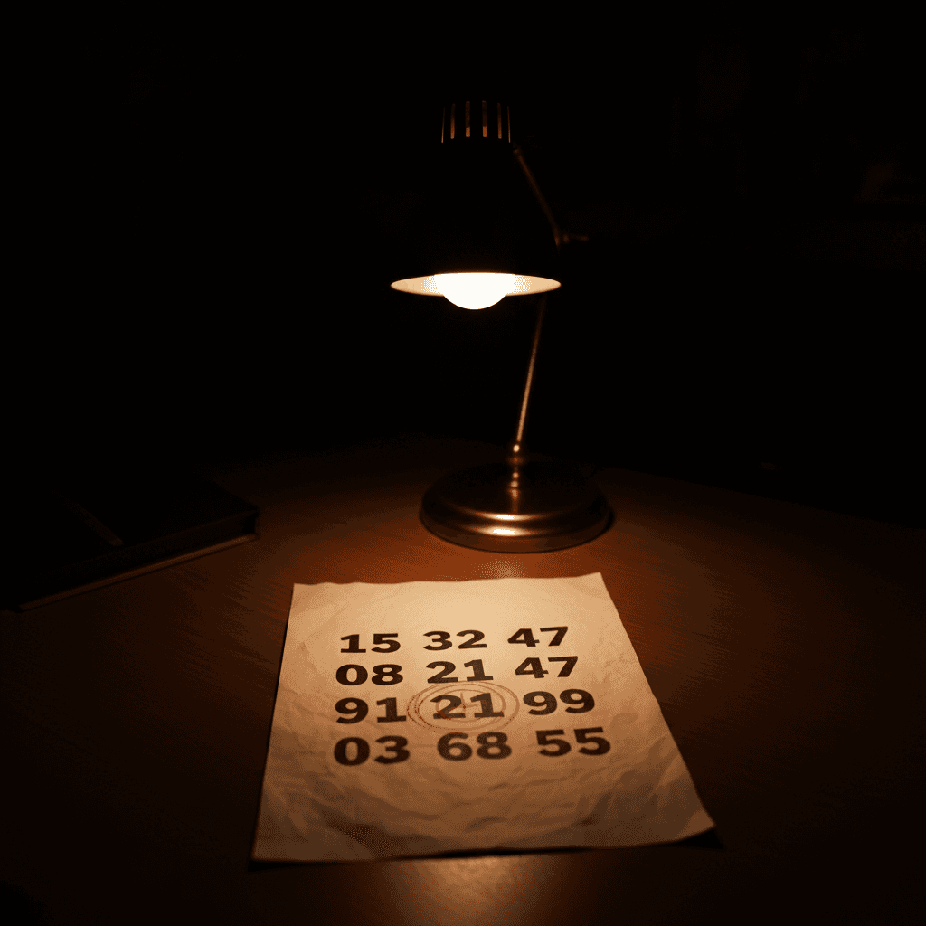 Paper with numbers and a target drawn by hand under a desk lamp