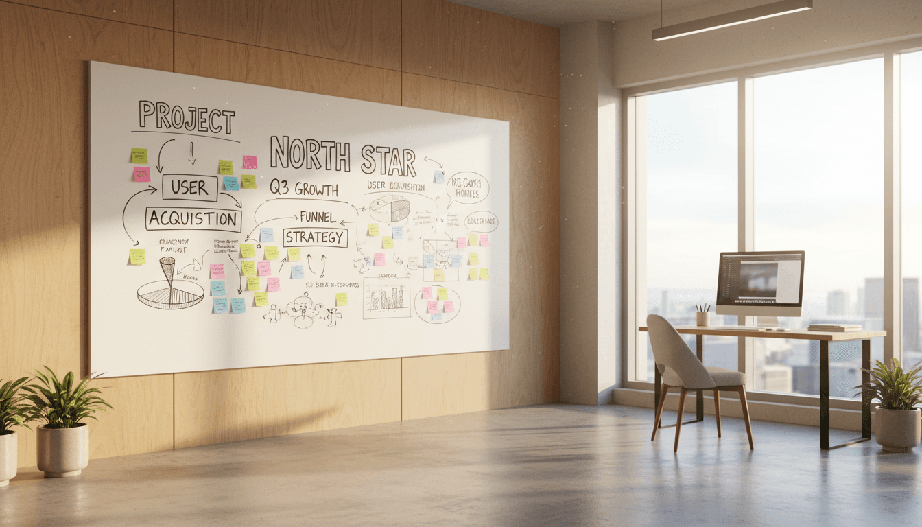 Bright minimalist studio interior with strategy whiteboard
