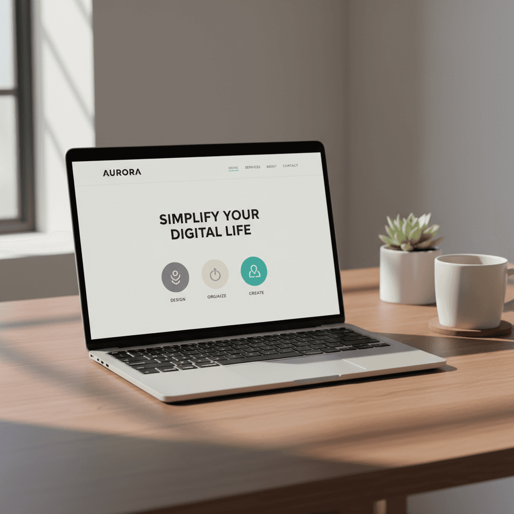 Laptop displaying a clean website design on a wooden desk