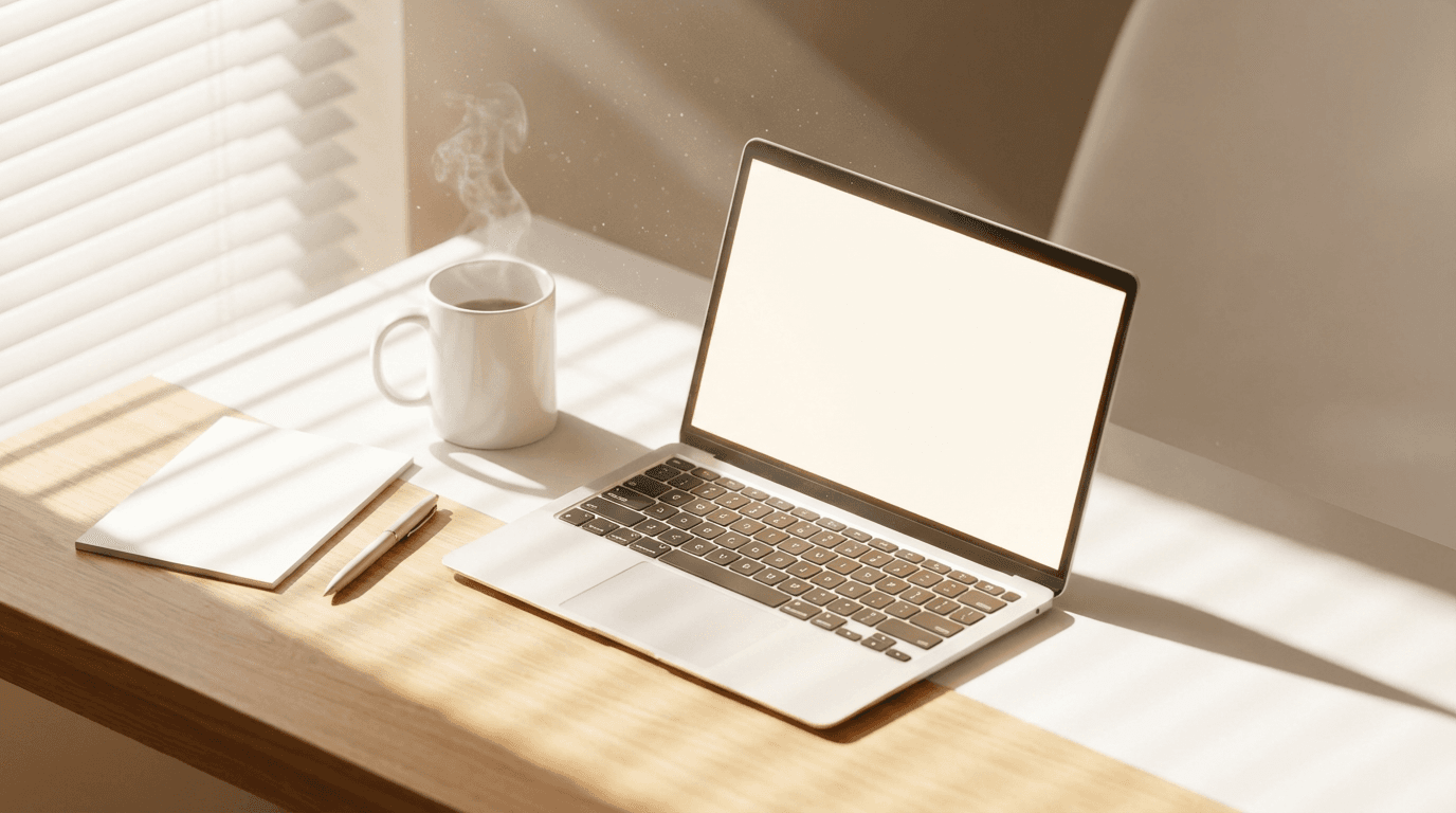 Minimalist creative workspace with sketchbook and laptop
