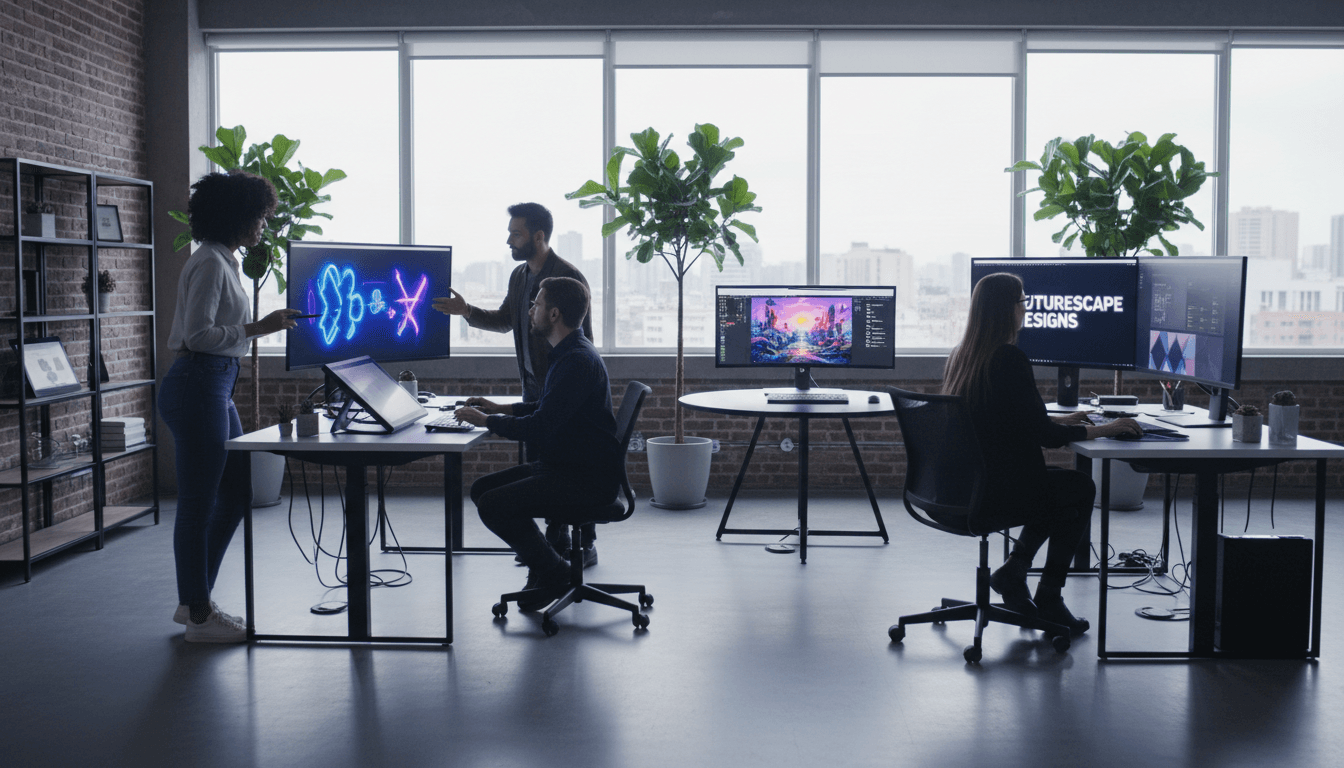 Minimal creative studio with website wireframe on monitor